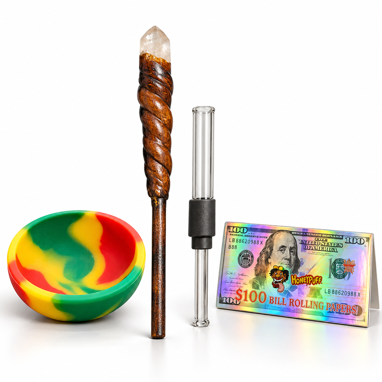 Kit Pilão Artesanal com Cristal + Seda de Vidro, Seda de Dólar e Cui
